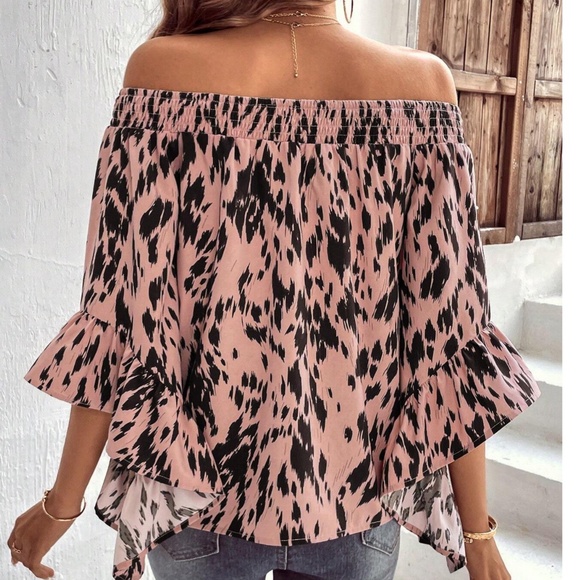 Leopard Print Off Shoulder Wide Sleeve Ruffle Blouse - Picture 9 of 10
